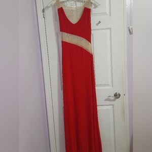 Red Evening Gown with Sparkle Mesh Accent
